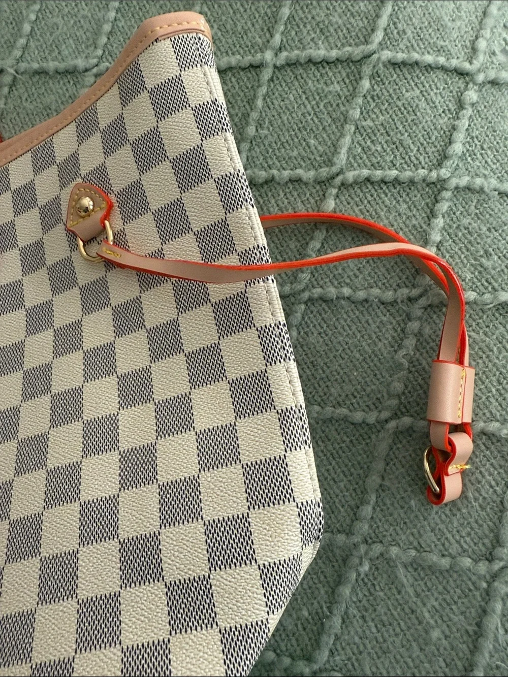 Beige Check Canvas Tote with Pink Trim